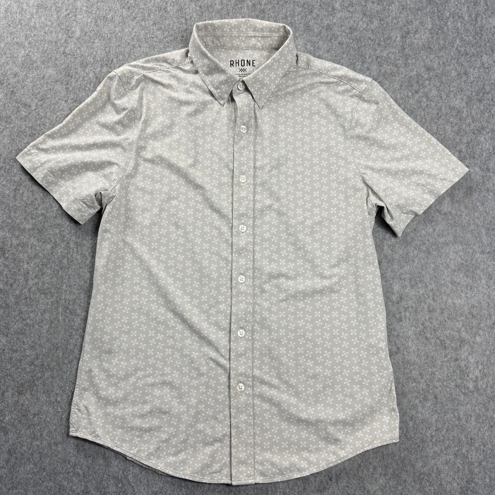 Rhone Mens Shirt Size S Gray Geometric Floral Short Sleeve Button Down